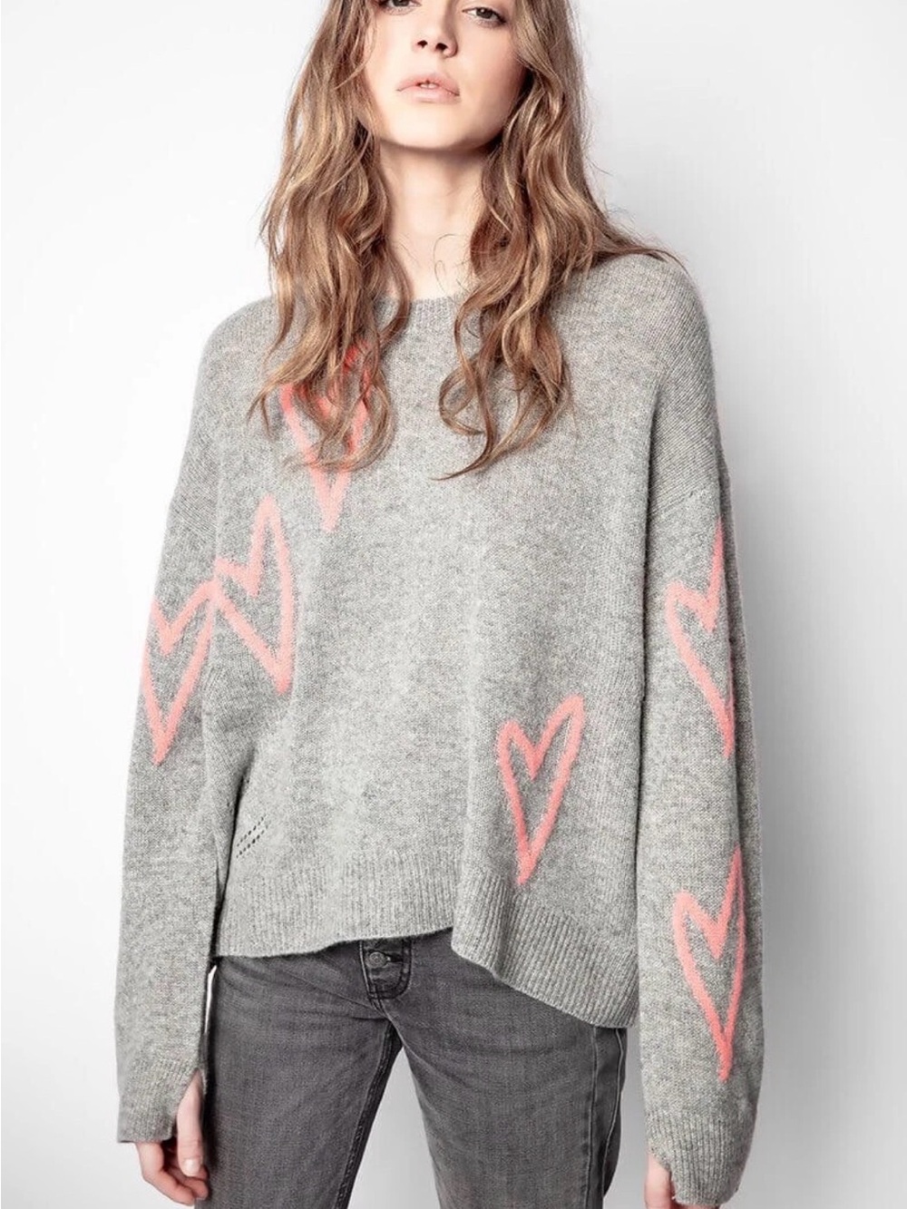 Zadig & Voltaire Markus Heart Cashmere Sweater in Gray/Pink